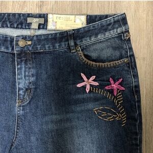 J Jill Wide Leg Jeans Women's Size 14 Floral Embroidery Stretch Denim Bohemian